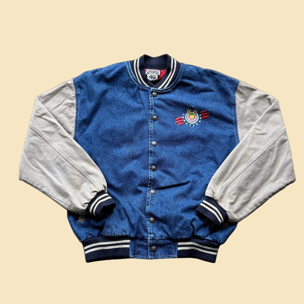 Vintage Chivas Guadalajara Denim Varsity Jacket Mens 40 Blue Grey Bomber Mexico